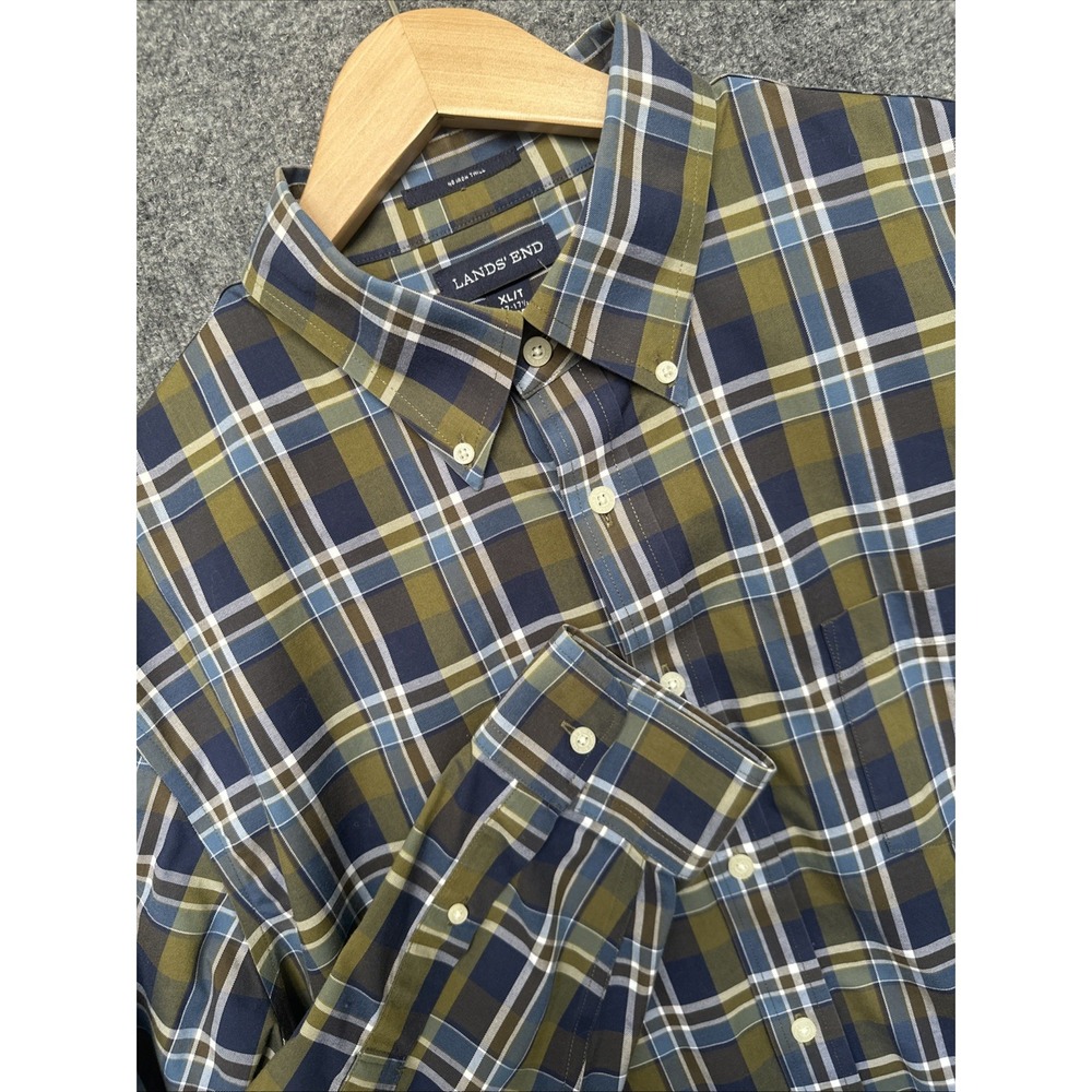 Land's End Men's Sz XL/T No Iron Plaid Twill Long Sleeve Button Down Shirt